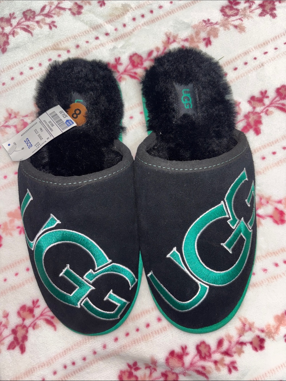 UGG Black Slippers with Green Logo Embroidery